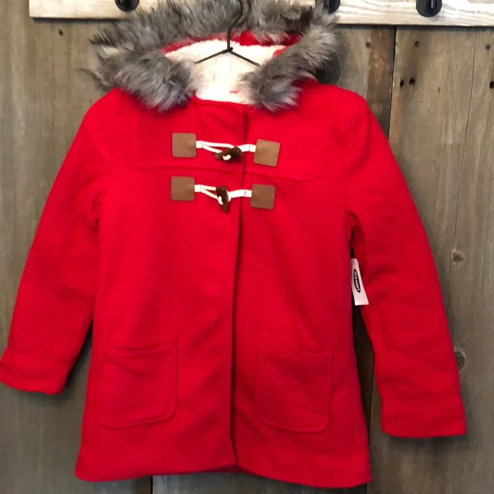 Old Navy Fleece Hooded Jacket Faux Fur Toggle in Red Size Large 10 - 12